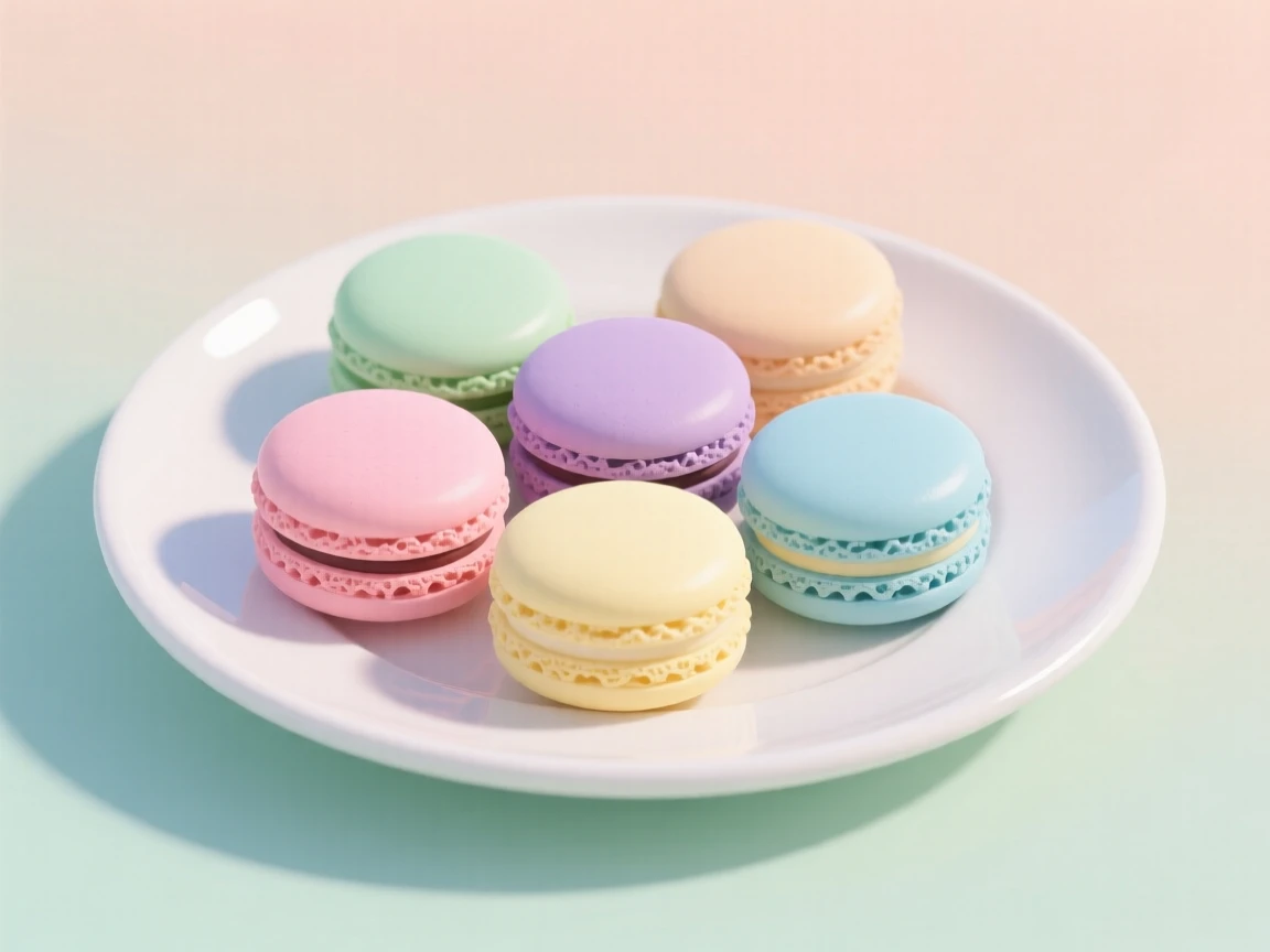 A plate of delicate macarons in pastel colors, set against a soft pastel backdrop, composed with soft natural light enhancing texture, with glossy highlights that make the dish look freshly made.