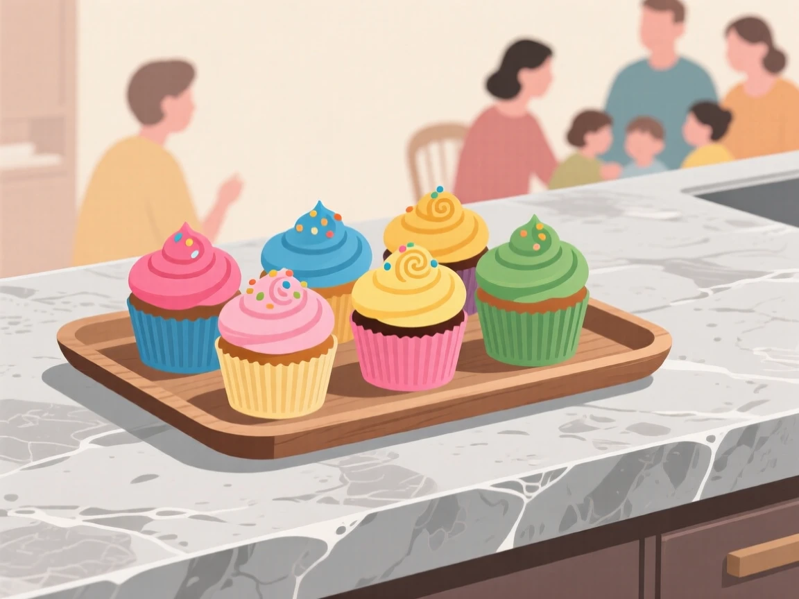 A tray of colorful cupcakes beautifully displayed on a stone counter at a family gathering.