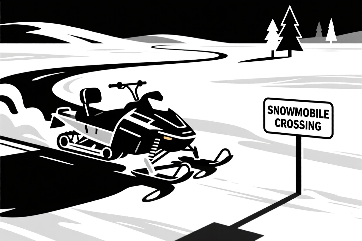 A snowmobile crossing a frozen landscape.