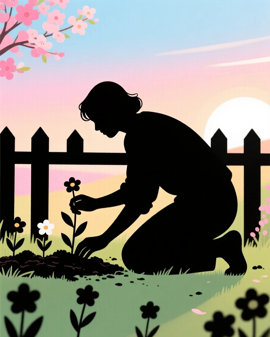 A person planting flowers along a garden fence on a spring morning.