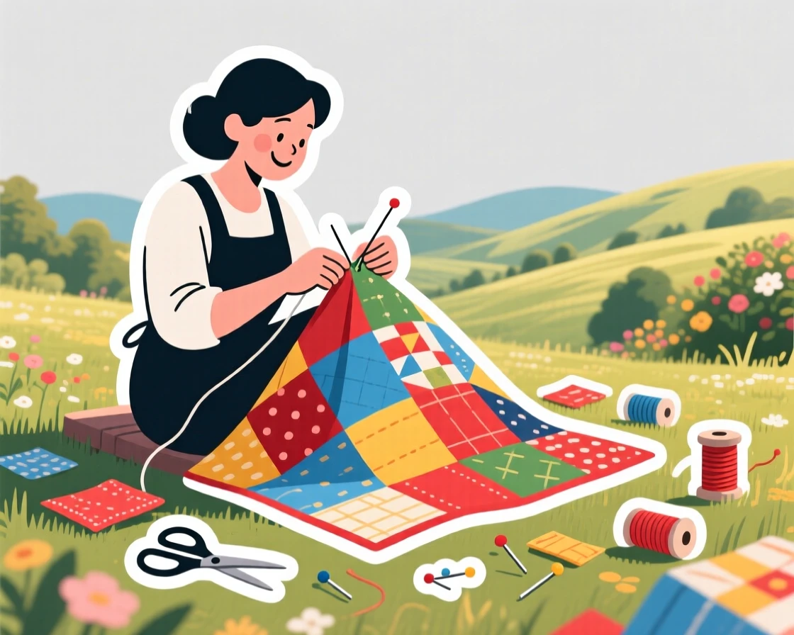 A focused and joyful quilter stitching together a patchwork blanket, with colorful materials spread all around, at a scenic outdoor location.