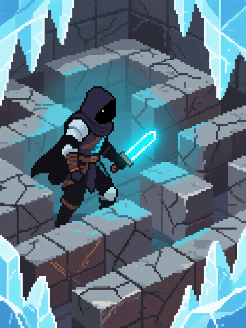 A rogue with a glowing dagger navigating a maze of ancient stone puzzles, within a frozen ice cave dungeon.