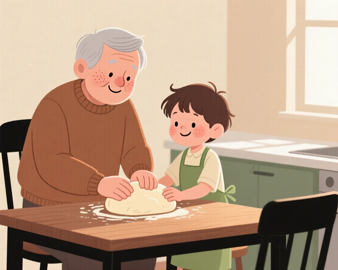 A grandfather teaches a eager grandchild how to knead bread dough at the kitchen table while morning light spills across the counter, both focused and smiling.
