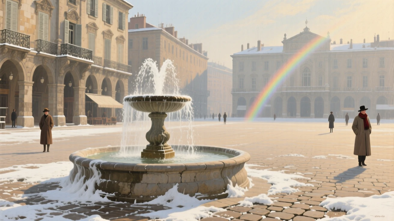 An expansive vista of a sunlit piazza with a bubbling fountain at its center, in the 1920s, in deep winter.