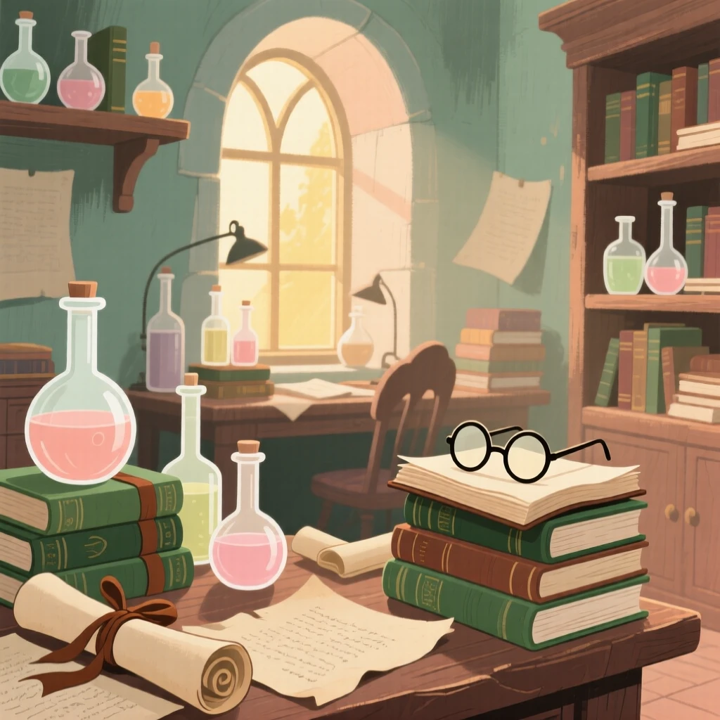 An old wizard's study cluttered with potion bottles and scrolls