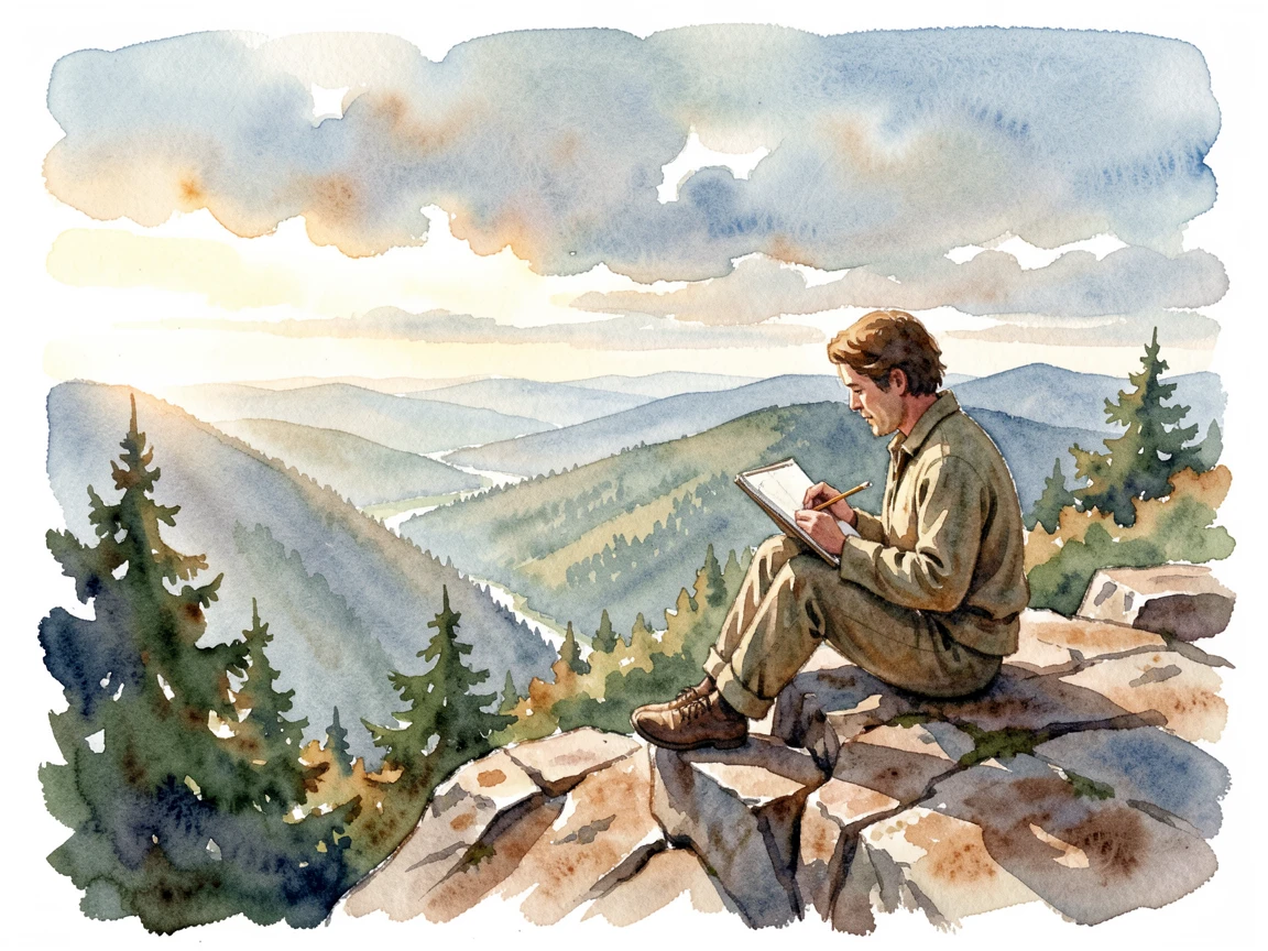 A traveler sketching a landscape from a mountain overlook with soft natural light illuminating the scene.