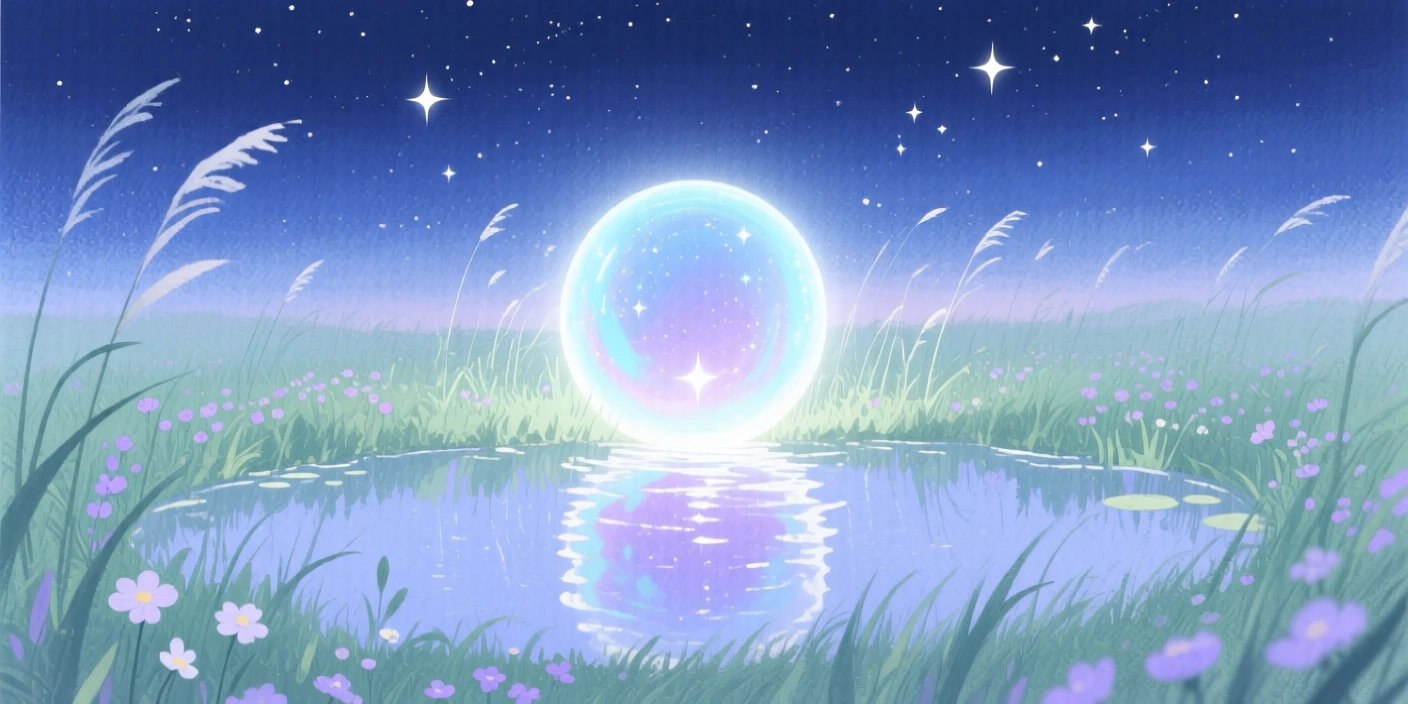 A dreamlike scene of a starlit portal meadow, reflecting shimmering colors in still water, inviting quiet wonder and imagination