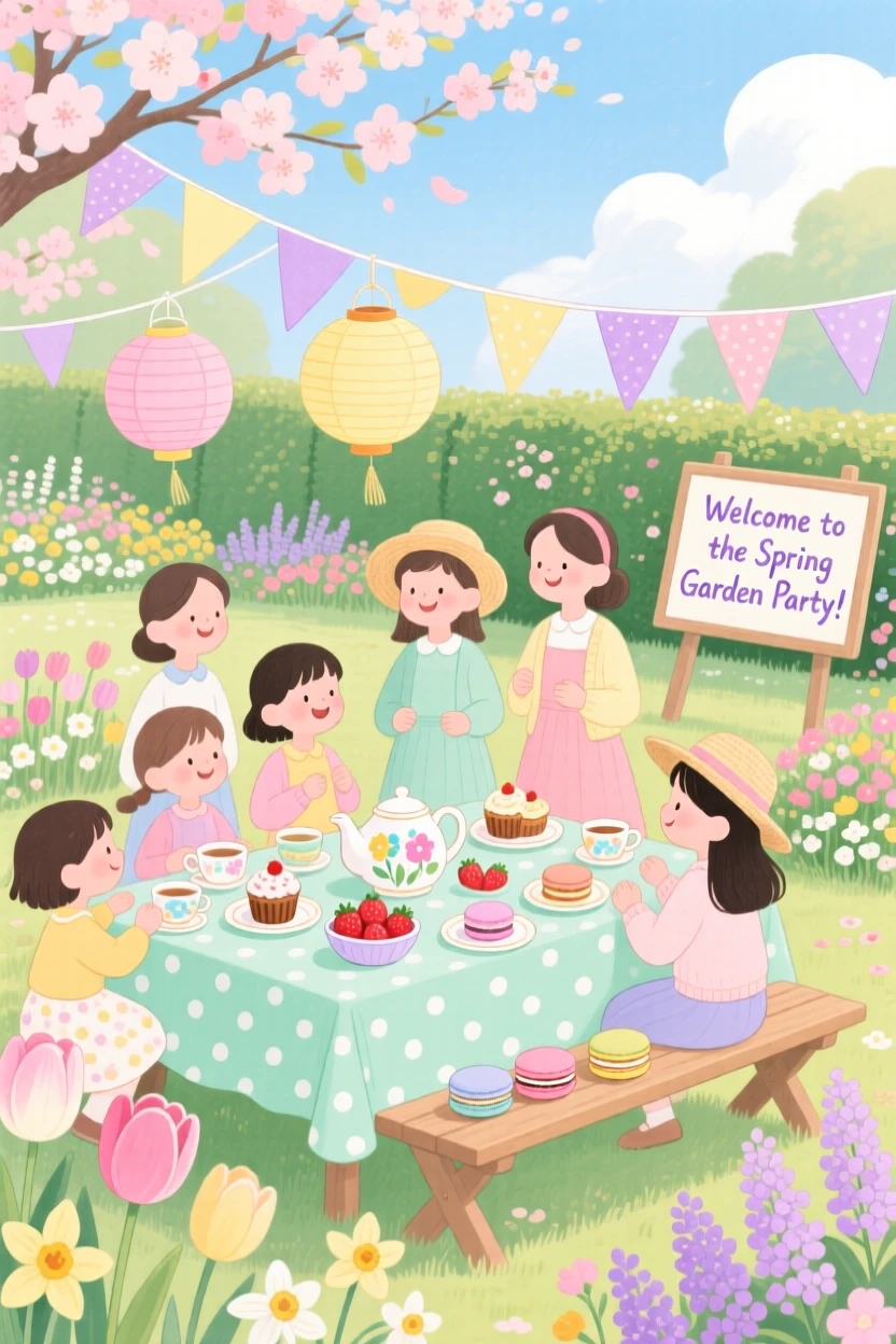 A heartwarming holiday moment: a spring garden party with pastel decorations and blooming flowers.