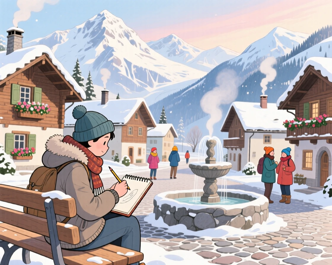 A solo traveler sits sketching in a small notebook amid a snow-dusted alpine village in the Swiss mountains, evoking wanderlust and adventure.