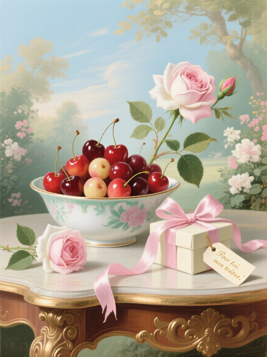 A bowl of cherries beside a ribbon-wrapped gift and a garden rose  