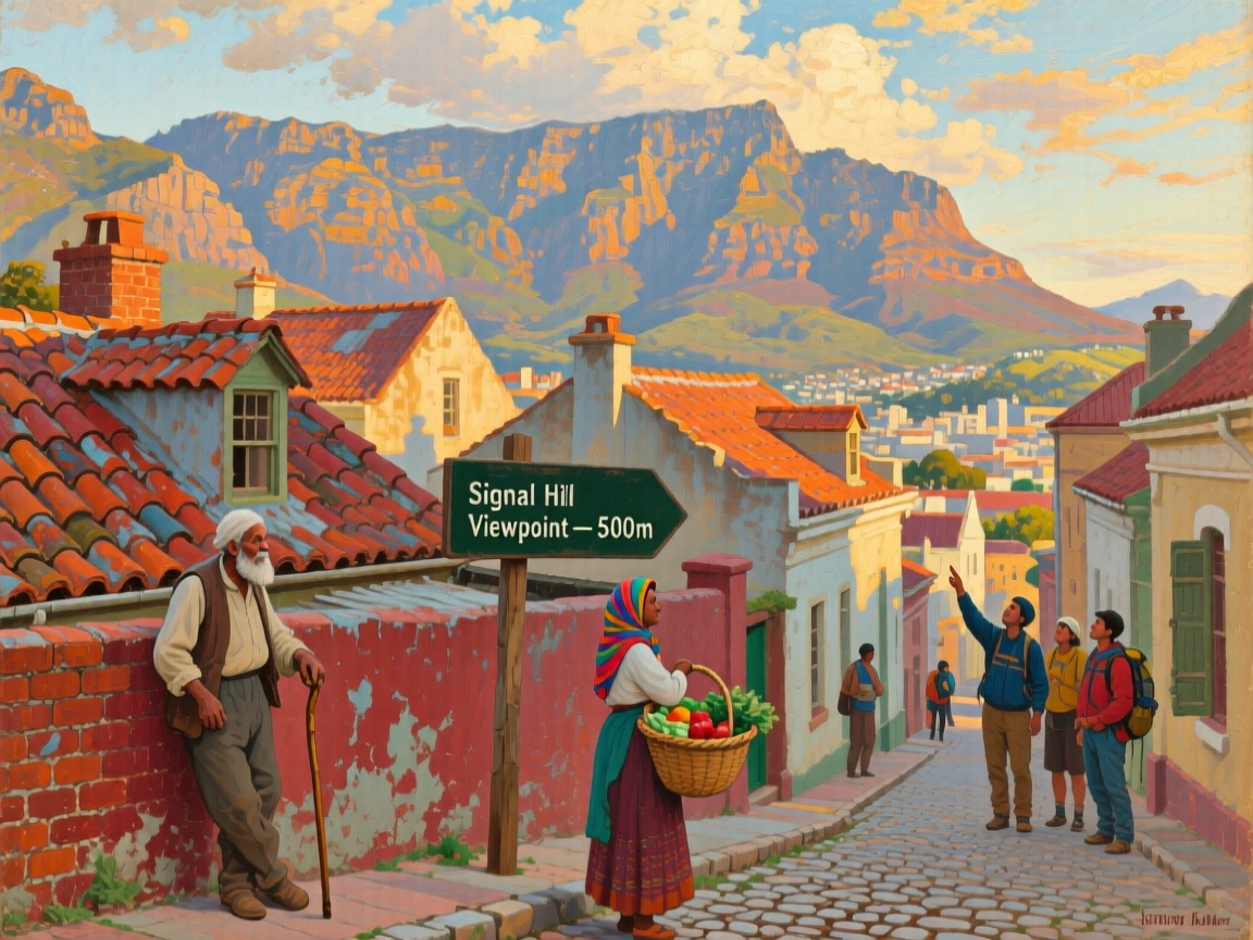 The vibrant rooftops of Cape Town beneath a dramatic Table Mountain backdrop, with locals and travelers adding life and scale to the scene, radiating the unique charm and grandeur of world architecture