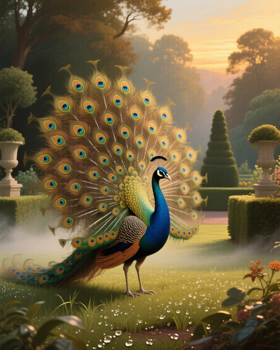 A peacock displaying its brilliant tail feathers in a formal garden as the golden light of dawn or dusk catches every detail, set within an untouched wilderness far from human hands, with dew-covered grass, drifting mist, and soft golden light; the composition balances raw power with graceful, natural stillness, evoking wonder, majesty, and reverence for the natural world.