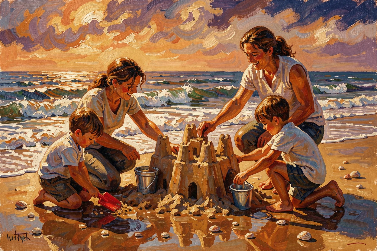 A family building a sandcastle together as the tide creeps closer along the shore.