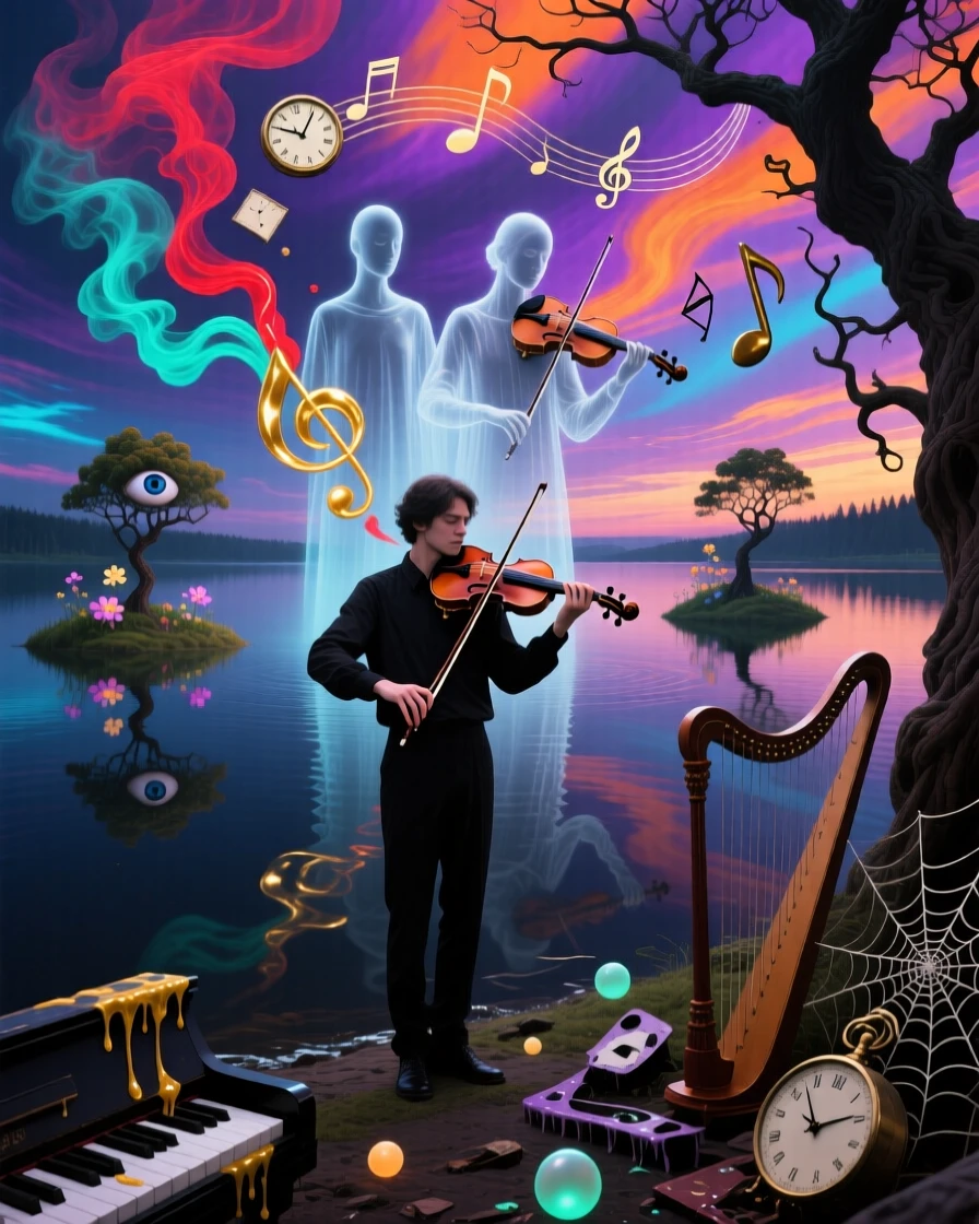 A violinist whose bow trails ribbons of colored smoke waits patiently at the edge of a still, dark lake, while a second, ghostly version of them lingers behind.