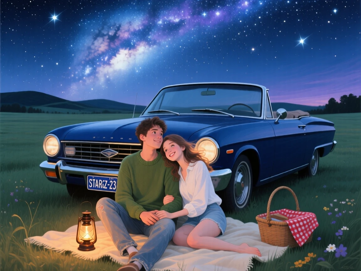 A young couple stargazes from the hood of a car parked in an open field, a blanket spread beneath them under the Milky Way, a sense of genuine, unguarded emotion captured in the small details of their expression.