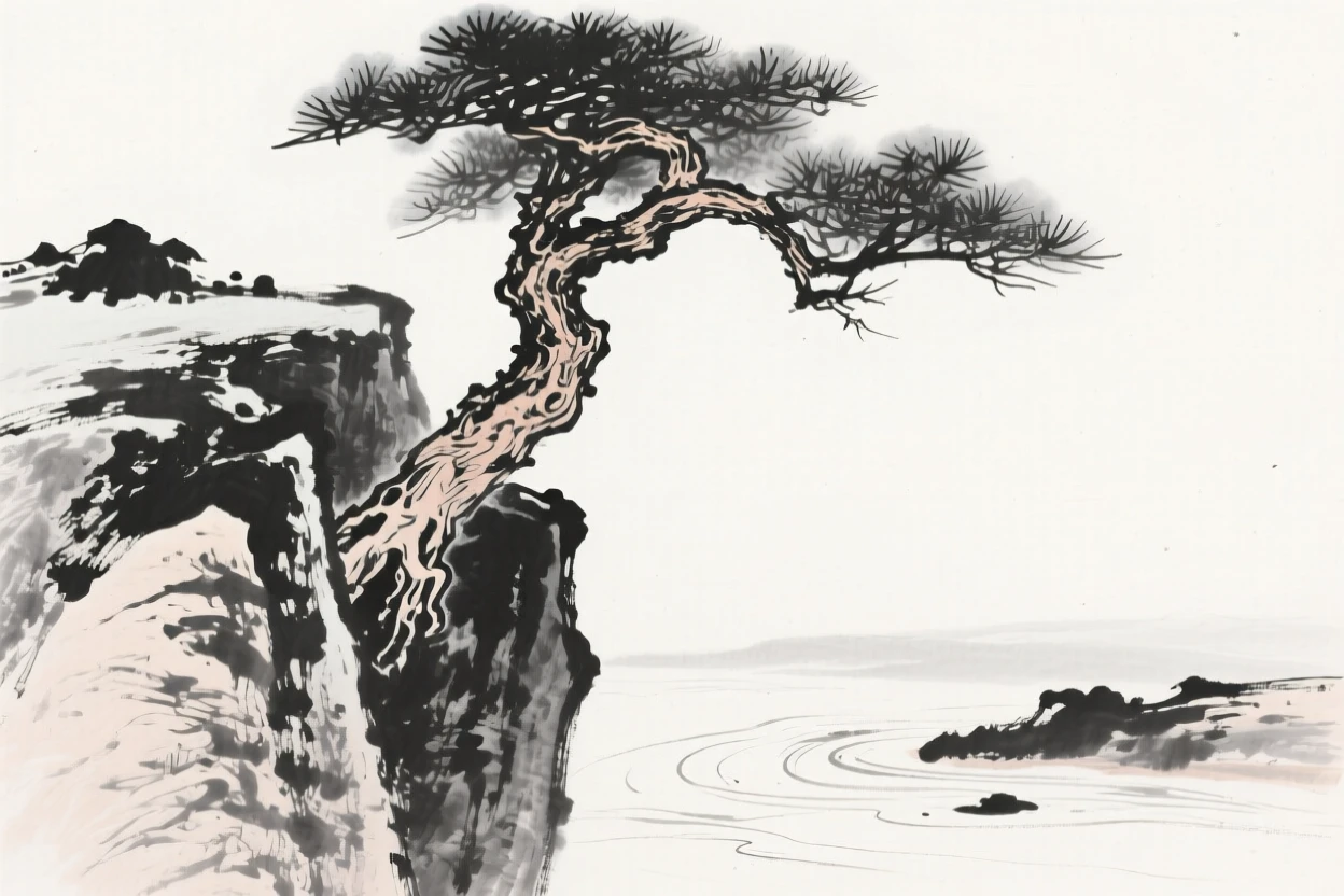 An ancient pine tree grows twisted from a cliffside crevice, with the sound of distant water echoing off the rocks.