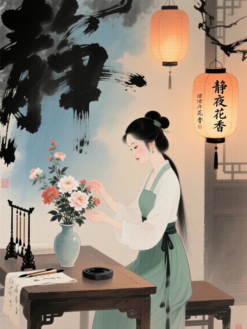 A woman arranging flowers in a quiet study, evoking a sense of quiet solitude, as lanterns are lit for the evening.