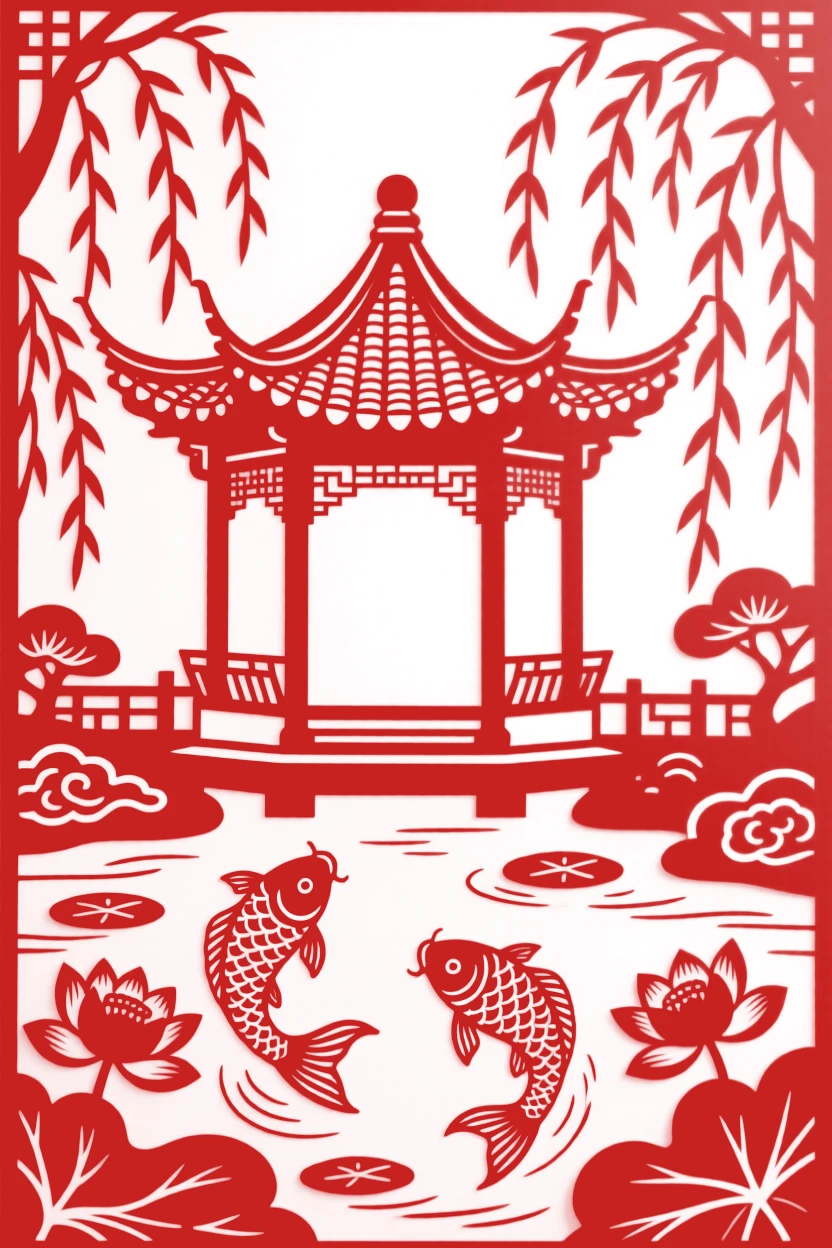A garden pavilion with a curved roof reflected in a koi pond, surrounded by weeping willows