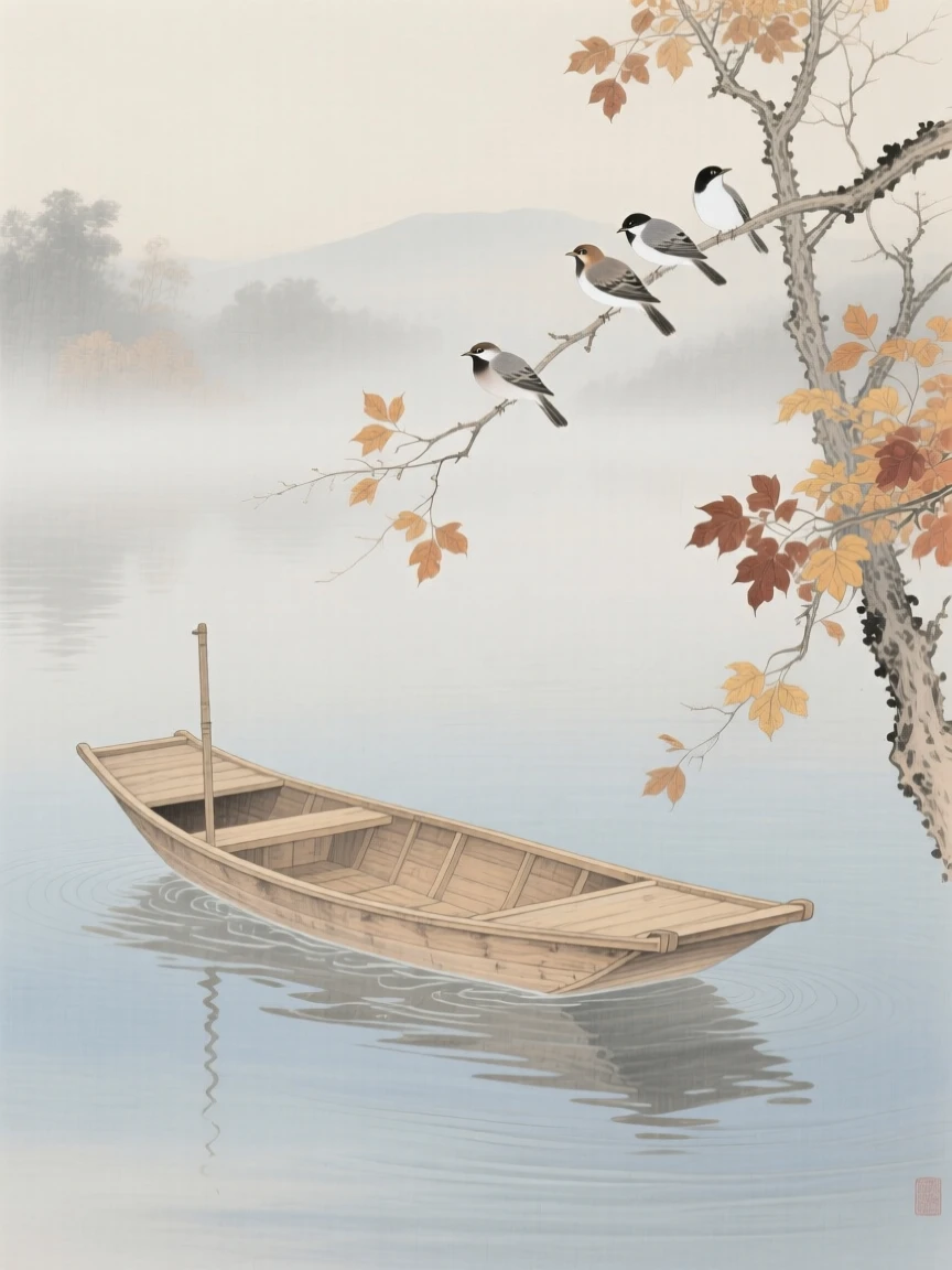 A single boat crossing a misty lake on a cool autumn morning, as small birds gather among the branches