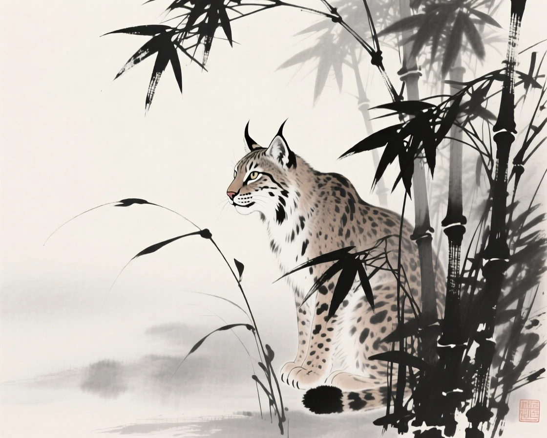 A lynx watching quietly from behind a stand of reeds through a bamboo thicket, viewed through a gentle veil of morning mist, evoking the gentle rhythm of the natural world.