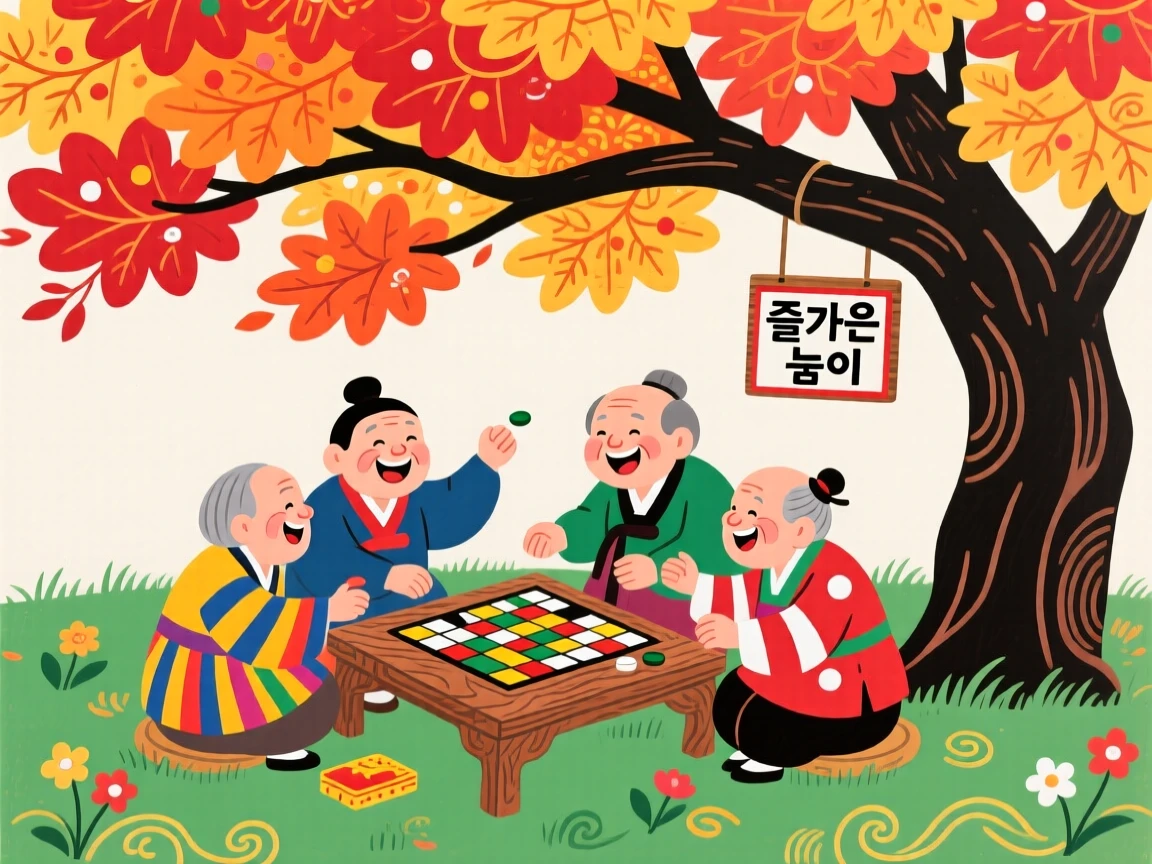 A group of elders playing a board game under a shade tree beneath a canopy of autumn leaves.