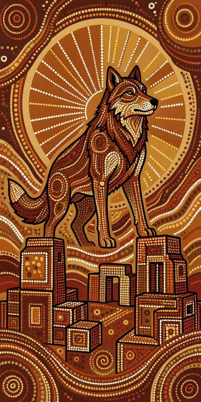 A spirit wolf rising above ancient ruins