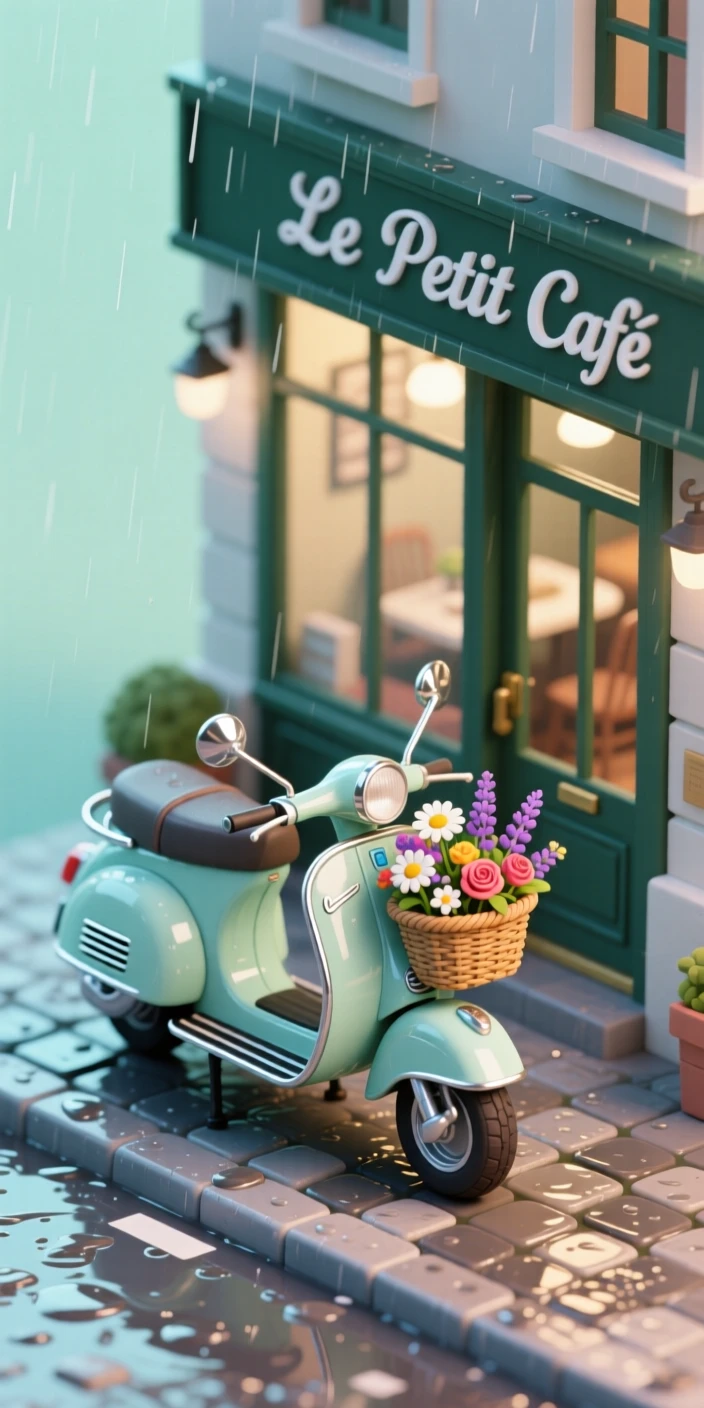 A vintage Vespa scooter parked outside a café, a basket of flowers on the handlebars, and cobblestones glistening after rain.