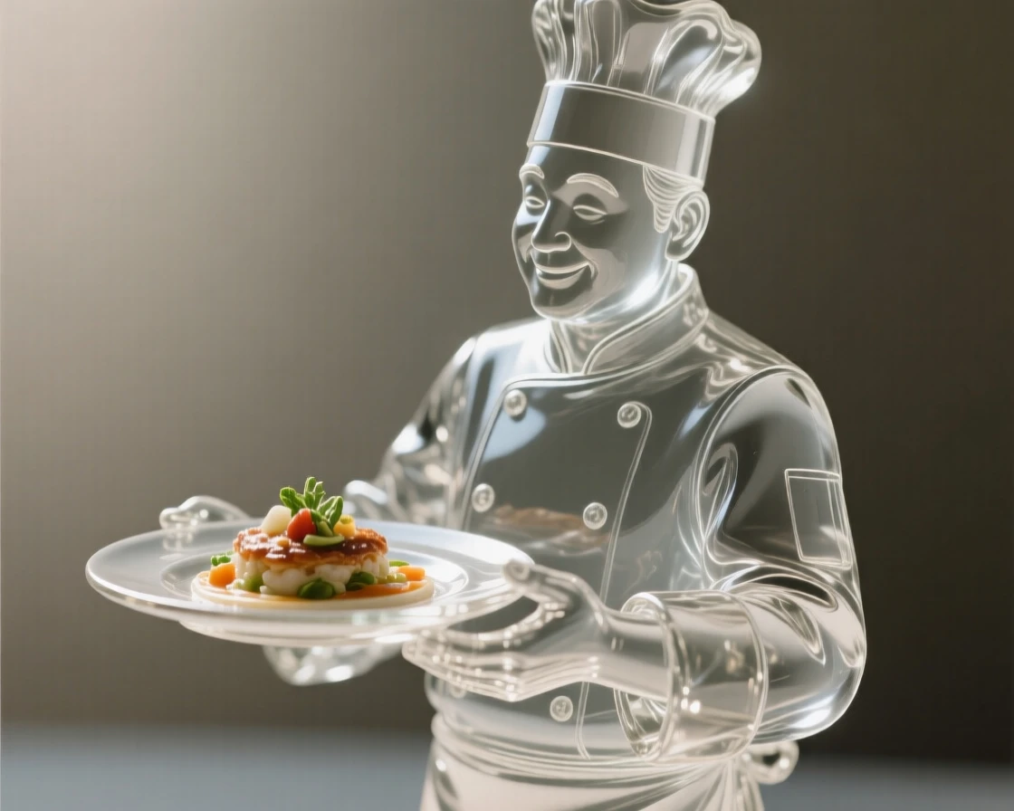 A chef proudly presenting a finished dish set against a simple blurred background, dramatic side lighting carving out the features, mood tender and heartfelt.
