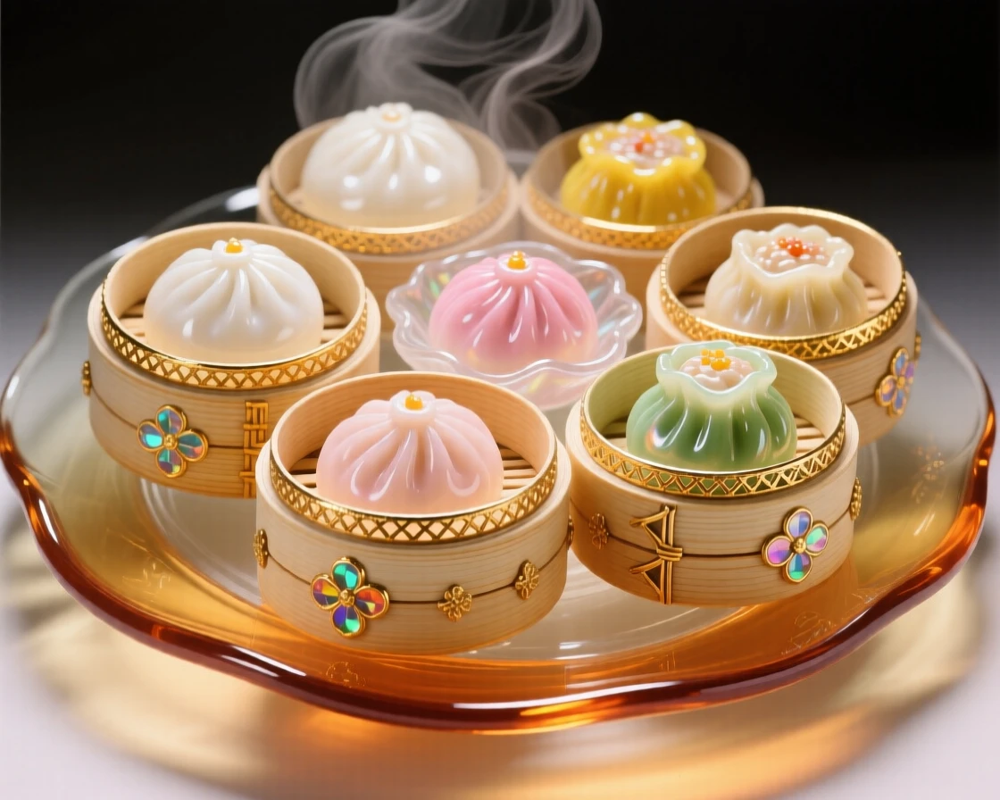 A platter of fresh dim sum steaming in bamboo baskets, comforting and aromatic.