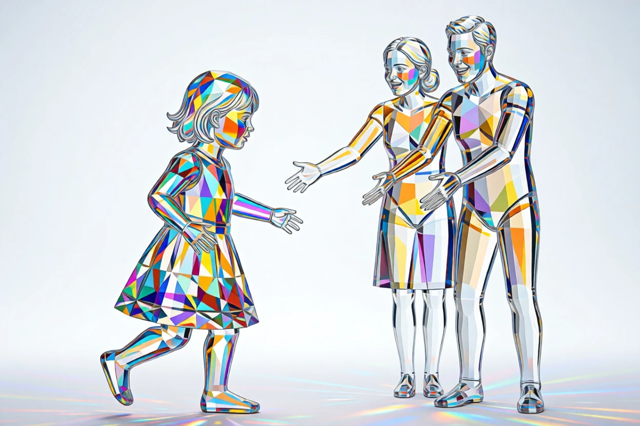 A child's first steps captured mid-motion, parents reaching out with joyful anticipation.