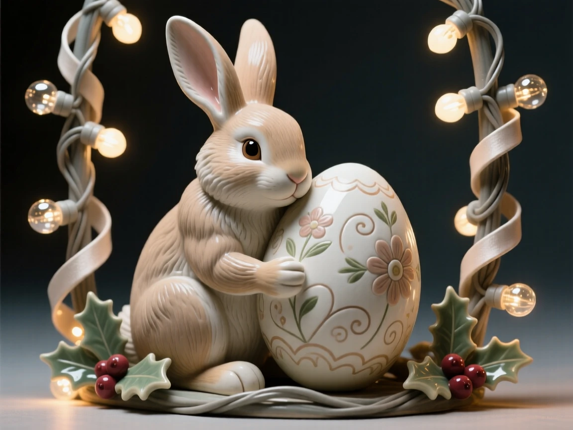 An Easter bunny cradling a decorated egg framed by twinkling holiday lights, wrapped in ribbons and festive trimmings, evoking festive joy and warm togetherness.
