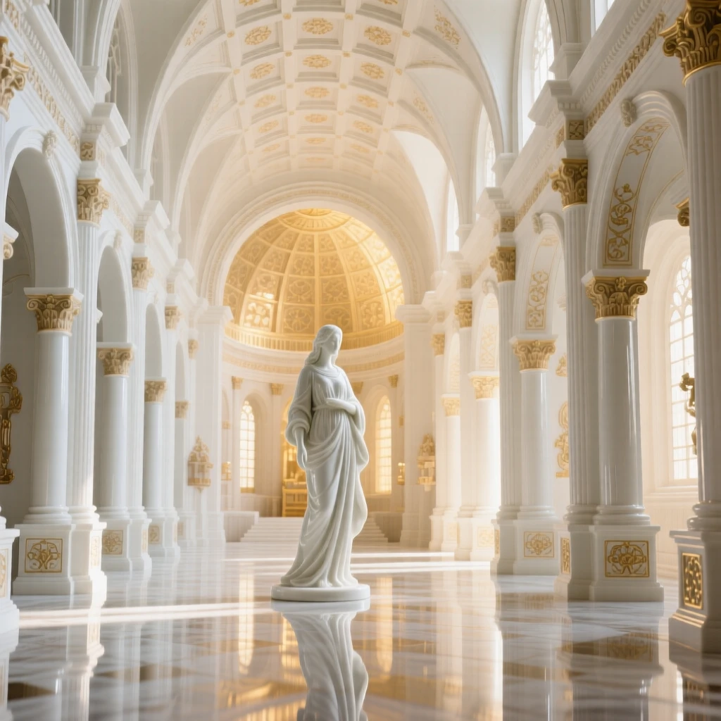 The ornate interior of a domed cathedral nave, polished floors reflecting golden light.