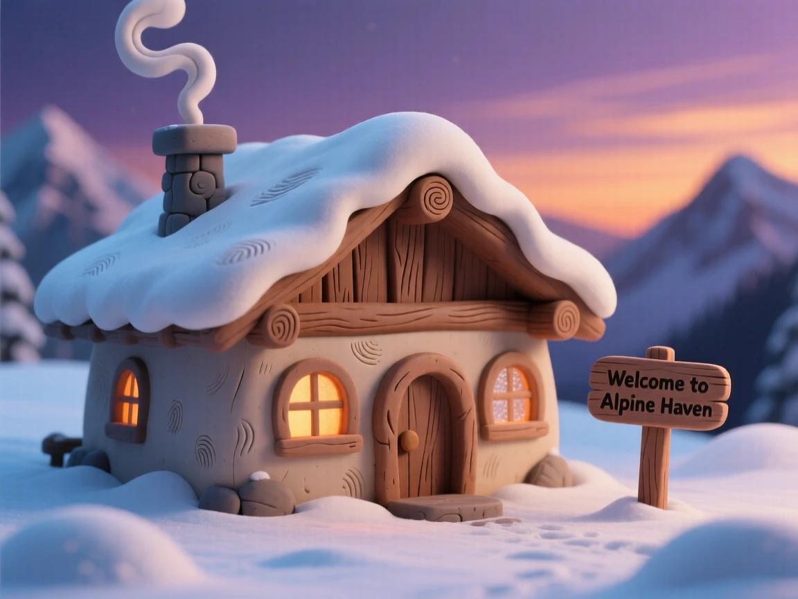 A snow-covered alpine chalet with warm glowing windows at dusk
