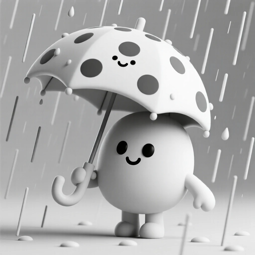 A friendly umbrella character with polka-dot skin twirls happily through a gentle spring rain shower.