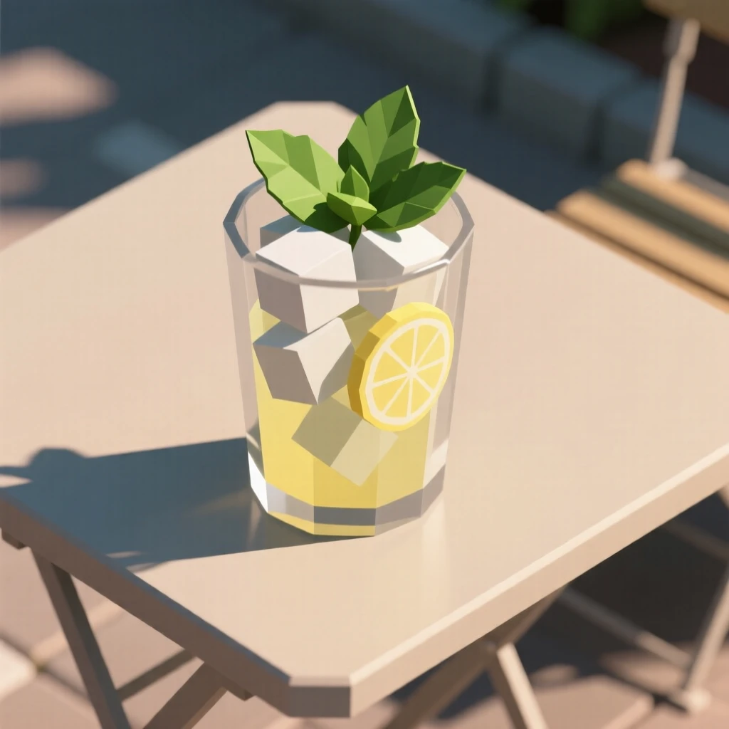 A glass of iced lemonade with mint leaves, at an outdoor café table. the composition is framed from a pleasing overhead angle. The scene feels warm and comforting.