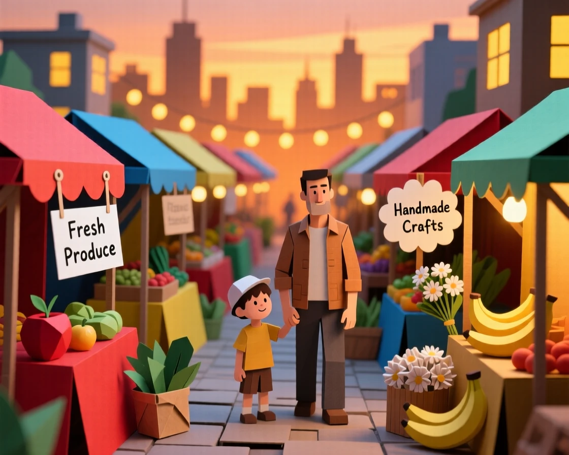 A father and his son exploring a colorful open-air market, with distant city lights glimmering softly, conveying nostalgia and gentle happiness.