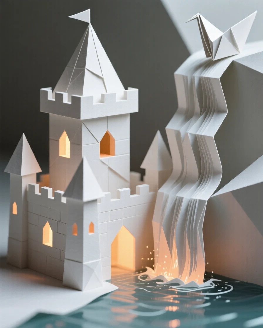 A castle carved into the side of a waterfall, water cascading past its glowing windows.