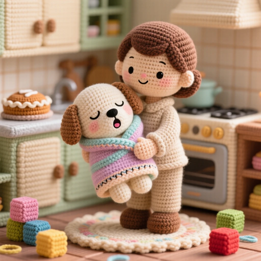 a sleepy puppy wrapped in a soft towel, after a warm bath, is shown yawning contentedly in a parent's arms within a quiet kitchen filled with the smell of baking beside a scattering of colorful toy blocks, capturing warm familial love and simple comfort.
