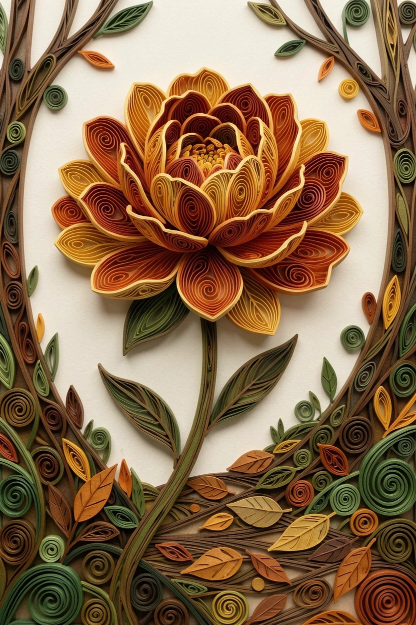 A serene botanical study of a single peony in full, ruffled bloom along a winding forest path, in warm autumn hues of amber and rust, arranged with a single stem as the clear focal point.