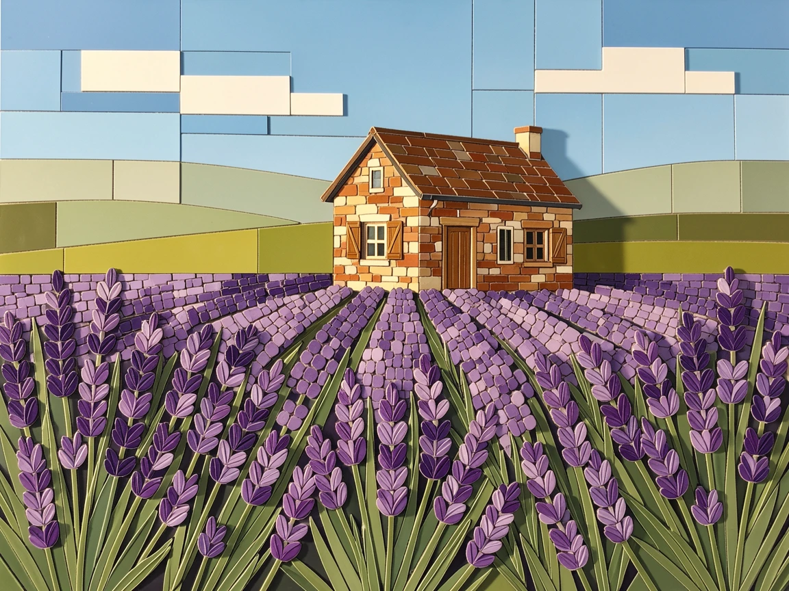 A close-up macro view of a field of lavender rows leading to a rustic countryside cottage, showing intricate petal texture and delicate detail.