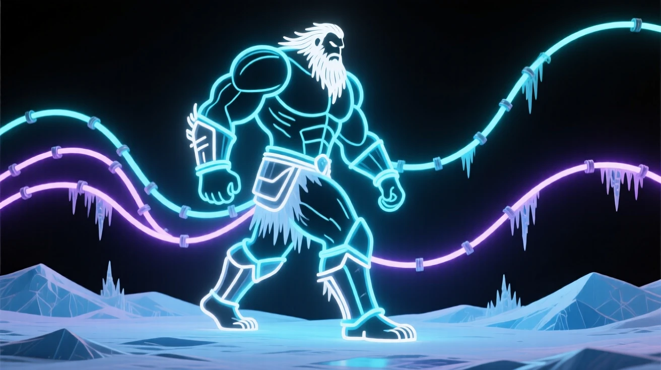 An ice giant striding across a frozen tundra.