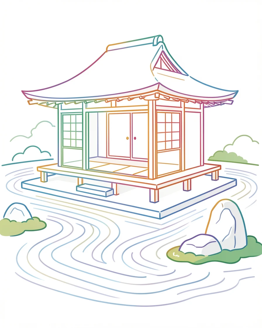A traditional Japanese teahouse surrounded by a raked gravel garden.