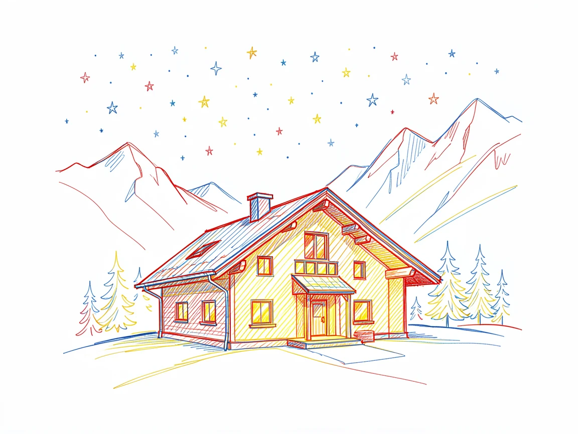 A grand mountain hut glowing warmly against a starry alpine sky