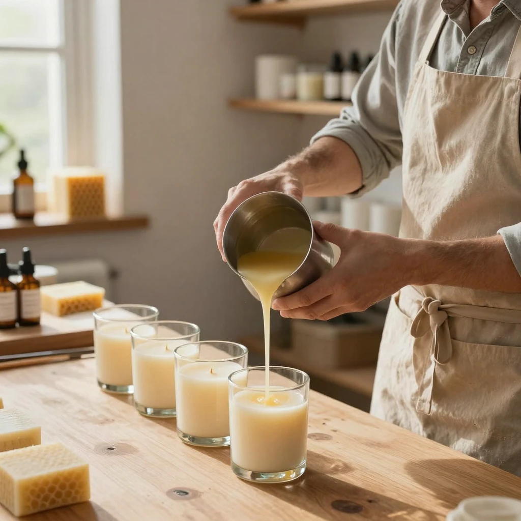 A candle maker pouring wax into glass jars