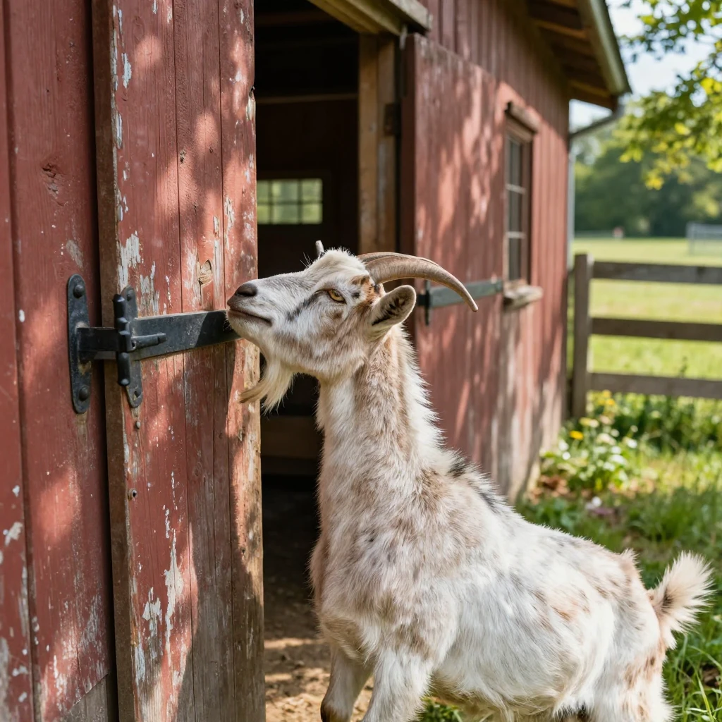 A goat headbutts a barn door gently, asking to be let out to graze.