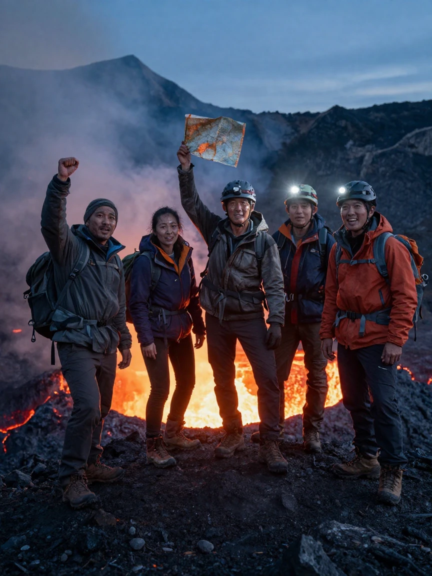 A group of adventurers standing triumphant at a hard-won summit beside a glowing volcanic crater
