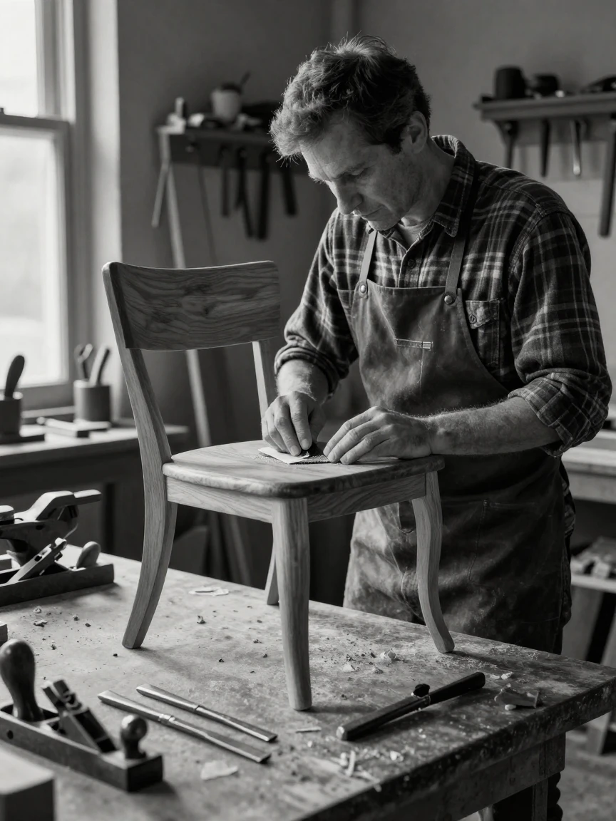 A carpenter sands a handmade wooden chair in a woodworking workshop.