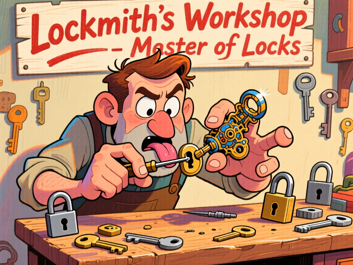 A locksmith carefully picking a lock, tongue poking out in concentration.