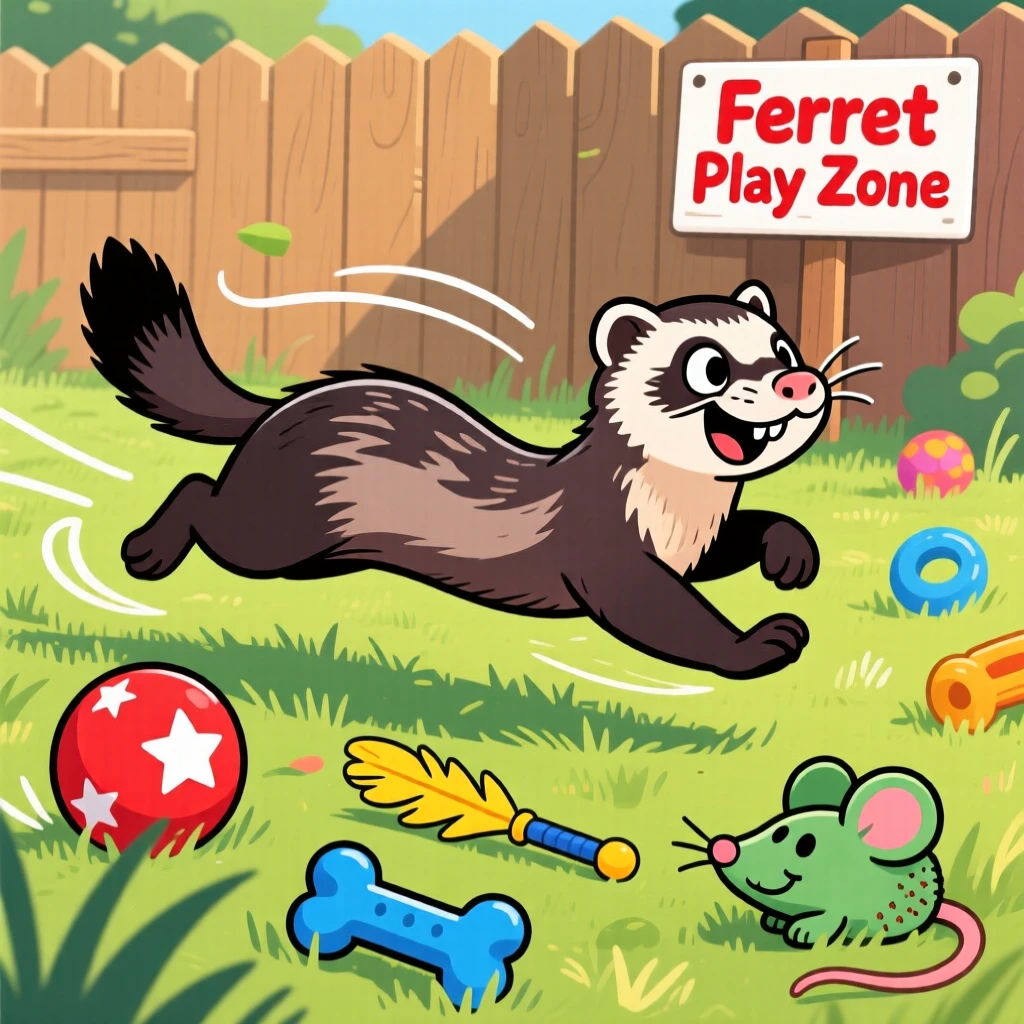 A playful pet moment featuring a curious ferret sprinting joyfully across a grassy backyard, surrounded by scattered toys.