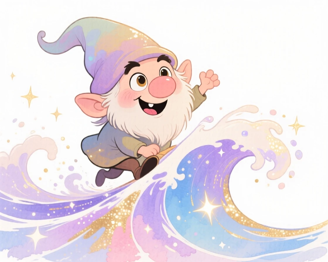 A mischievous gnome riding a wave of shimmering stardust